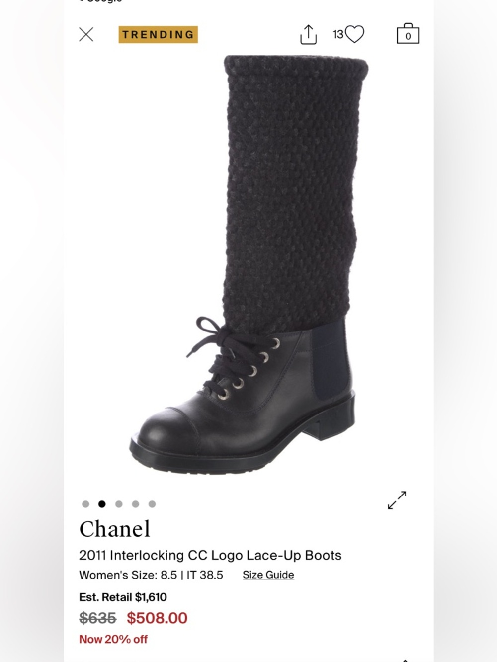 $1450 CHANEL Black Knit Shaft Lace-Up Mid-Calf Boots size 36.5 - US 6-6.5 EUC - Picture 4 of 15